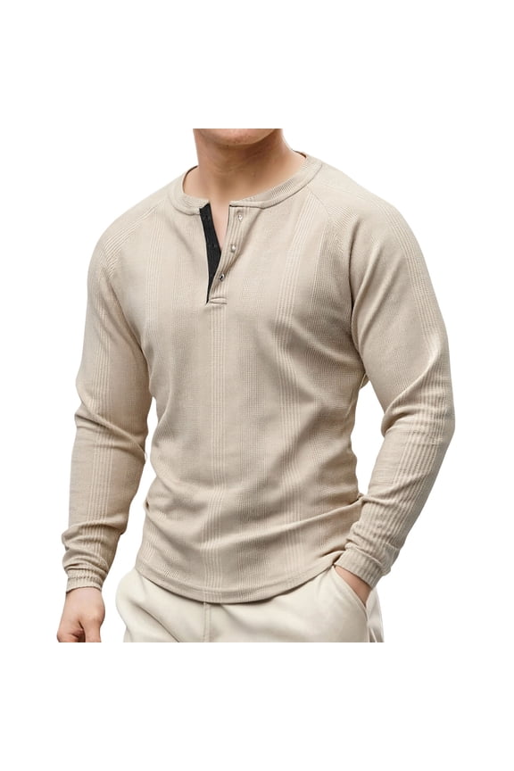 George Men Waffle Knit Henley Shirts,Long Sleeve,Slim Fit,Soft,Breathable,Comfortable,Button Placket,Casual Tees,Khaki,Size 2XL