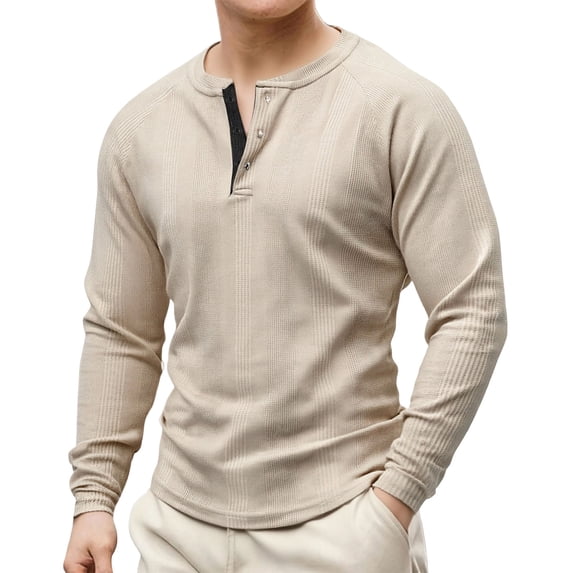 GuangCheng George Men Waffle Knit Henley Shirts,Long Sleeve,Slim Fit,Soft,Breathable,Comfortable,Button Placket,Casual Tees,Khaki,Size 3XL