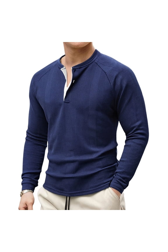 George Men Waffle Knit Henley Shirts,Long Sleeve,Slim Fit,Soft,Breathable,Comfortable,Button Placket,Casual Tees,Navy,Size L
