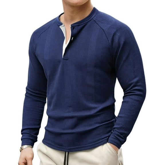 GuangCheng George Men Waffle Knit Henley Shirts,Long Sleeve,Slim Fit,Soft,Breathable,Comfortable,Button Placket,Casual Tees,Navy,Size S