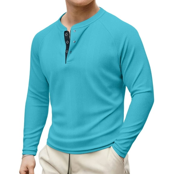 GuangCheng George Men Waffle Knit Henley Shirts,Long Sleeve,Slim Fit,Soft,Breathable,Comfortable,Button Placket,Casual Tees,Sky Blue,Size L