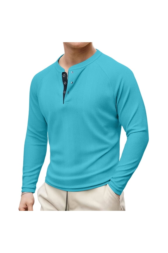 George Men Waffle Knit Henley Shirts,Long Sleeve,Slim Fit,Soft,Breathable,Comfortable,Button Placket,Casual Tees,Sky Blue,Size L