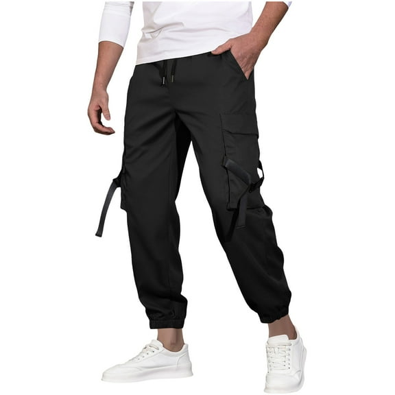 GuangCheng George Men's Cargo Pants,Elastic Waist,Joggers,Drawstring,Multi Pocket,Casual,Workwear,Hiking Trousers,Black,Size XL