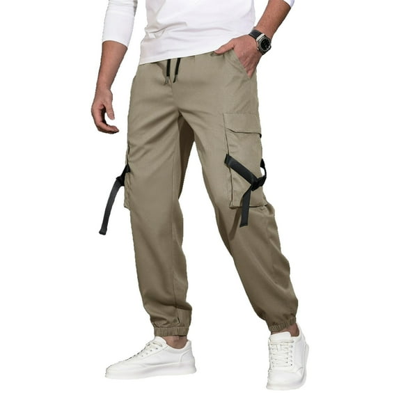 GuangCheng Men's Cargo Pants,Elastic Waist,Joggers,Drawstring,Multi Pocket,Casual,Workwear,Hiking Trousers,Khaki,Size S