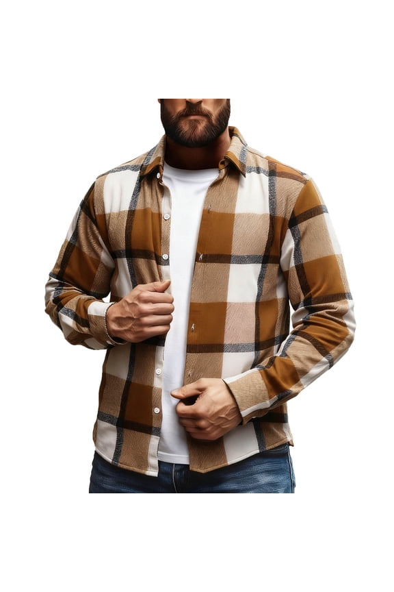 Men's Classic Plaid Flannel Shirts Long Sleeve Button Down Soft Warm Checkered Tops,Khaki,L