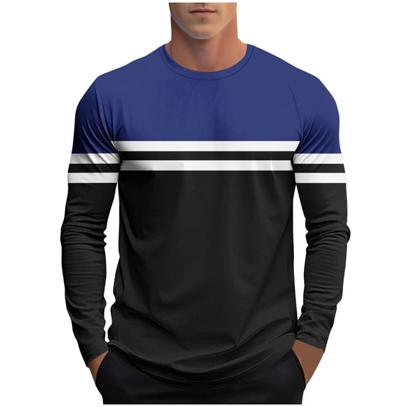 GuangCheng Men's Color Block Striped Long Sleeve T Shirts,Sporty,Casual Tops,Soft,Loose Fit,Breathable Tops,Blue,Size 2XL