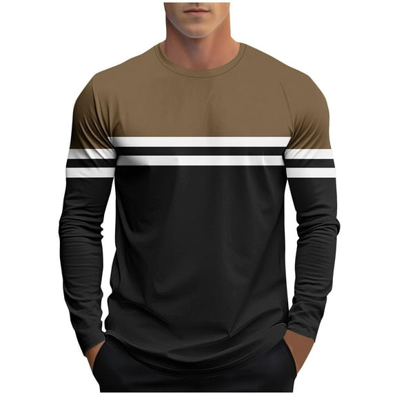 GuangCheng Men's Color Block Striped Long Sleeve T Shirts,Sporty,Casual Tops,Soft,Loose Fit,Breathable Tops,Coffee,Size XL