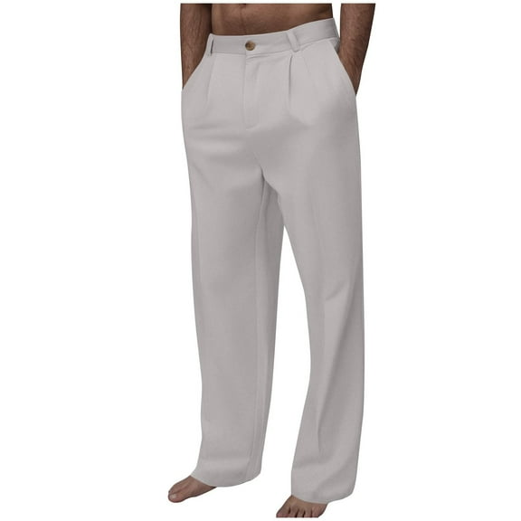 GuangCheng George Men's Dress Pants,Pleated,Lightweight,Comfort Fit,Casual,Elastic Free Waist,Straight Leg Trousers,White,Size XL