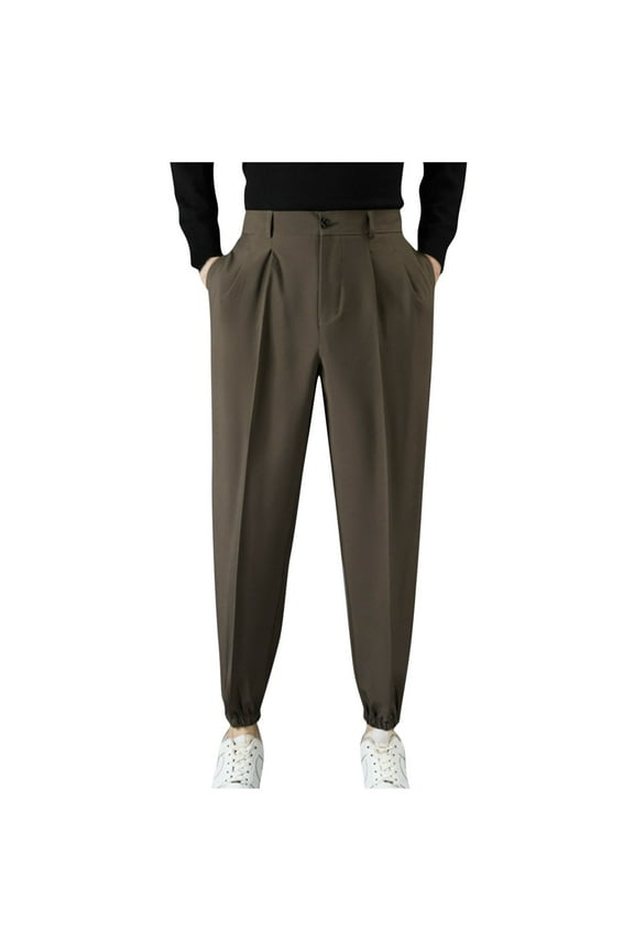 Men's Elastic Cuff Dress Pants,Pleated,Tailored,Casual Suit Trousers for Business,Brown,Size 2XL