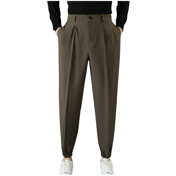 GuangCheng George Men's Elastic Cuff Dress Pants,Pleated,Tailored,Casual Suit Trousers for Business,Brown,Size 3XL