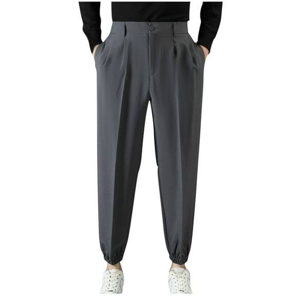 GuangCheng George Men's Elastic Cuff Dress Pants,Pleated,Tailored,Casual Suit Trousers for Business,Dark Gray,Size 2XL