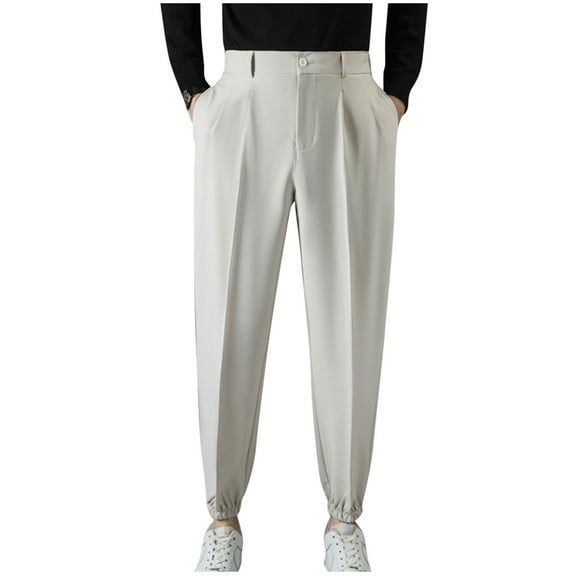 GuangCheng George Men's Elastic Cuff Dress Pants,Pleated,Tailored,Casual Suit Trousers for Business,Khaki,Size 3XL