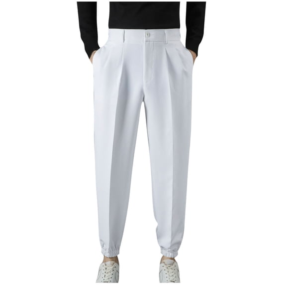 GuangCheng Men's Elastic Cuff Dress Pants,Pleated,Tailored,Casual Suit Trousers for Business,White,Size 2XL