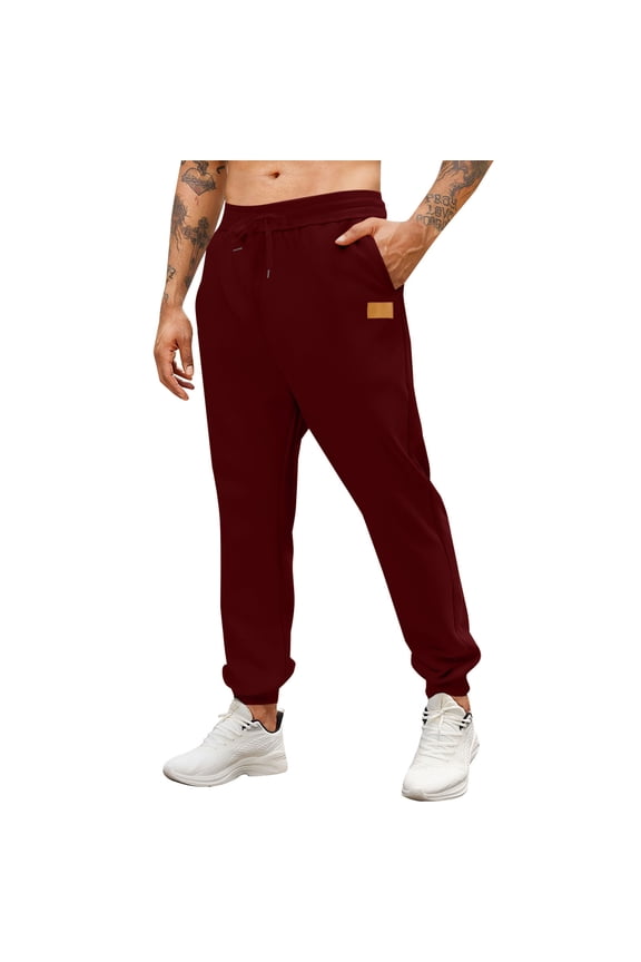 Men's Fleece Joggers Sweatpants,Elastic Drawstring Waist,Slim Fit,Cuffed Pants with Patch Detail,Wine,Size M