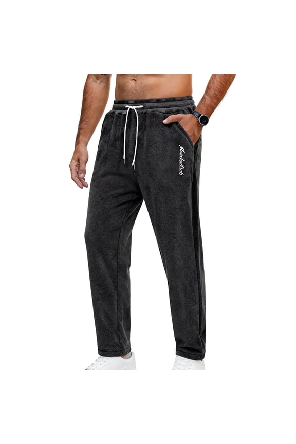 Men's Fleece Lined Sweatpants,Elastic Drawstring Waist,Side Pocket,Embroidery Logo,Lounge Trousers,Black,Size S