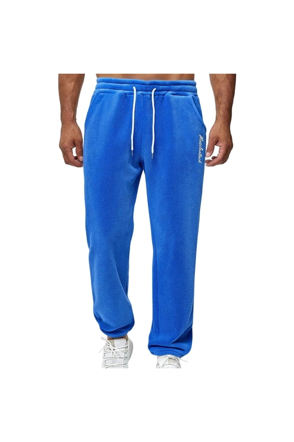 Men's Fleece Lined Sweatpants,Elastic Drawstring Waist,Side Pocket,Embroidery Logo,Lounge Trousers,Blue,Size L