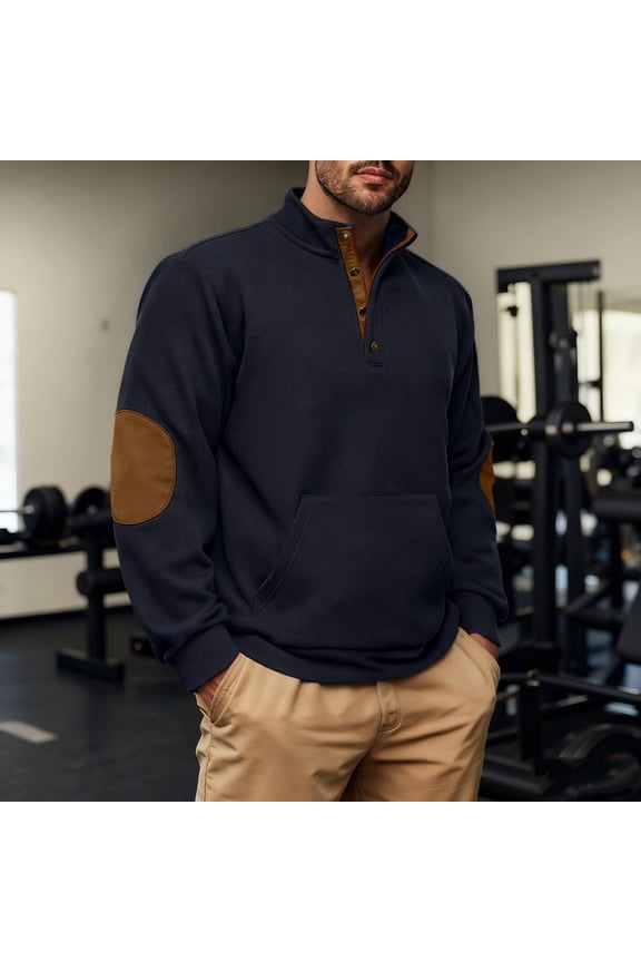 Men's Fleece Pullover Sweatshirt with Elbow Patches,Half Zip Placket,Casual Warm Tops,Baggy Fit Tops,Navy,Size M