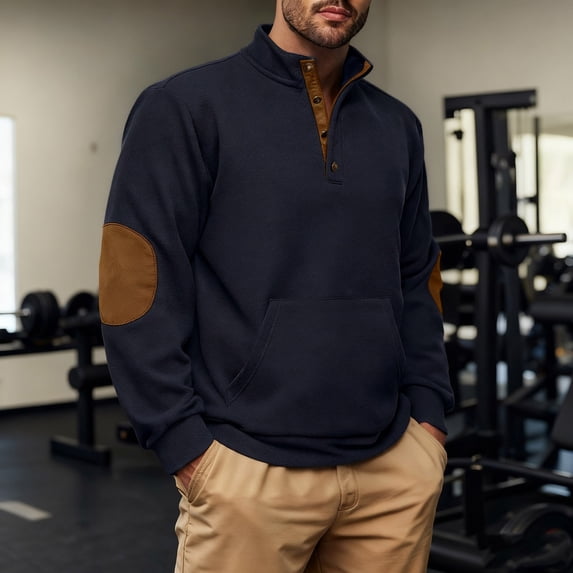 GuangCheng Men's Fleece Pullover Sweatshirt with Elbow Patches,Half Zip Placket,Casual Warm Tops,Baggy Fit Tops,Navy,Size S