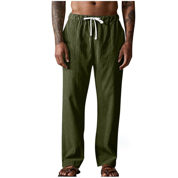 GuangCheng Men's Linen Drawstring Pants,Elastic Waist,Breathable,Casual Summer Loungewear Pants,Army Green,Size 2XL