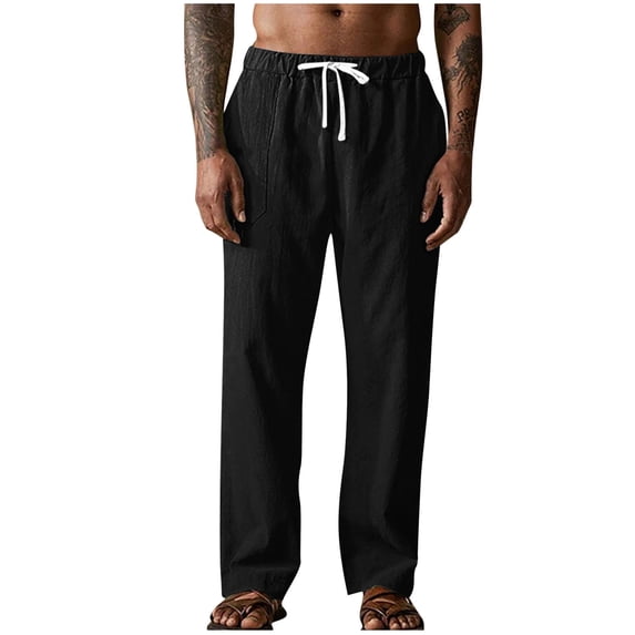 GuangCheng Men's Linen Drawstring Pants,Elastic Waist,Breathable,Casual Summer Loungewear Pants,Black,Size M