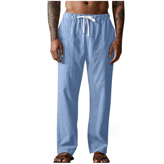 GuangCheng Men's Linen Drawstring Pants,Elastic Waist,Breathable,Casual Summer Loungewear Pants,Sky Blue,Size L