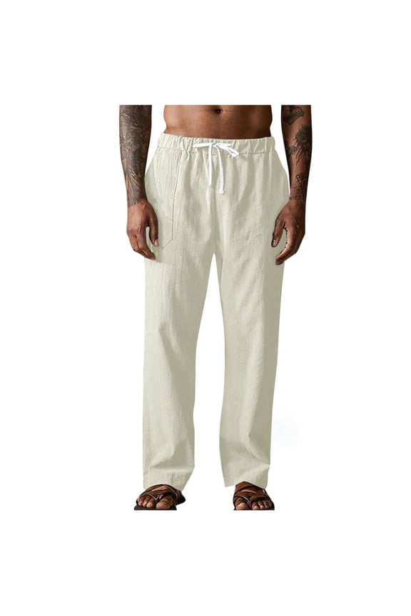 Men's Linen Drawstring Pants,Elastic Waist,Breathable,Casual Summer Loungewear Pants,White,Size XL
