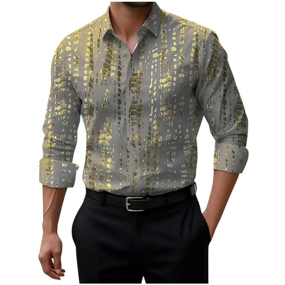 GuangCheng George Men's Long Sleeve Button Down Shirts,Abstract Print,Vertical,Pattern Design Casual Dress Tops Fashion Piece,Gray,Size 2XL