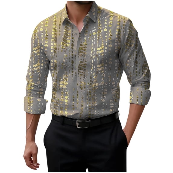 GuangCheng Men's Long Sleeve Button Down Shirts,Abstract Print,Vertical,Pattern Design Casual Dress Tops Fashion Piece,Gray,Size L