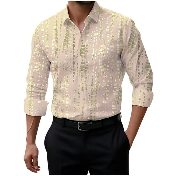 GuangCheng George Men's Long Sleeve Button Down Shirts,Abstract Print,Vertical,Pattern Design Casual Dress Tops Fashion Piece,Khaki,Size XL