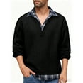 thumbnail image 1 of GuangCheng Men's Long Sleeve Tops Fake Layer Plaid Collar Knit V Neck Casual Tops,Soft,Comfort,Warm Loose Fit,Solid Base Shirts,Black,Size XL, 1 of 5