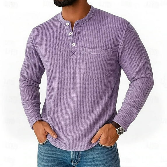 GuangCheng Men's Shirts,Waffle Knit,Long Sleeve,Henley Shirts with Chest Pocket,Regular Fit,Soft,Textured,Warm Baggy Tops,Purple,Size 3XL