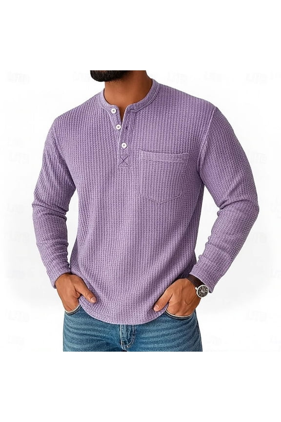 Men's Shirts,Waffle Knit,Long Sleeve,Henley Shirts with Chest Pocket,Regular Fit,Soft,Textured,Warm Baggy Tops,Purple,Size 3XL