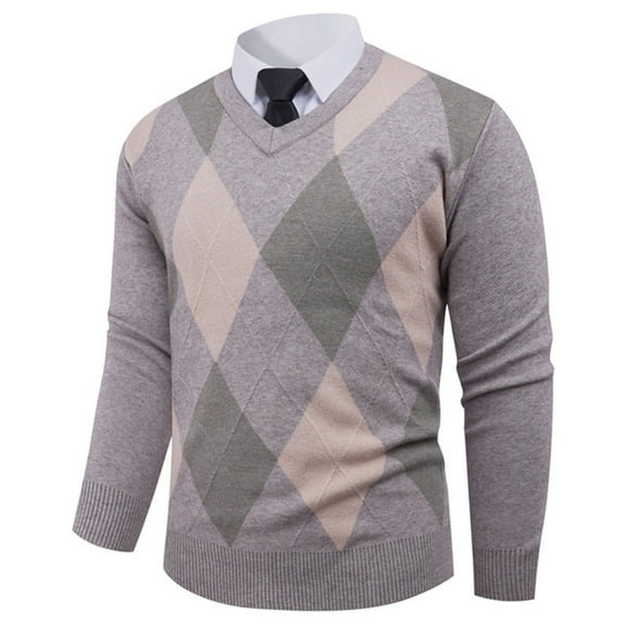 GuangCheng Mens Argyle Pattern V-Neck Sweaters,Classic Fit,Crewneck,Soft,Warm Shirts,Pullover Tops,Khaki,Size L