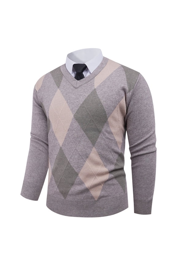 Mens Argyle Pattern V-Neck Sweaters,Classic Fit,Crewneck,Soft,Warm Shirts,Pullover Tops,Khaki,Size L