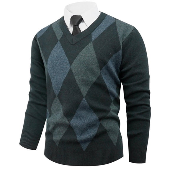 GuangCheng George Mens Argyle Pattern V-Neck Sweaters,Classic Fit,Crewneck,Soft,Warm Shirts,Pullover Tops,Navy,Size XL