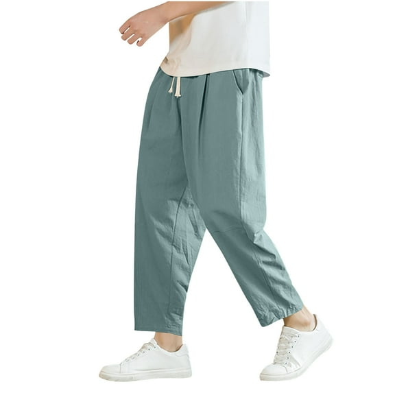 GuangCheng George Mens Baggy Fit Linen Pants,Elastic Waist,Drawstring,Multi Pocket,Casual Harem Trousers,Army Green,Size 3XL