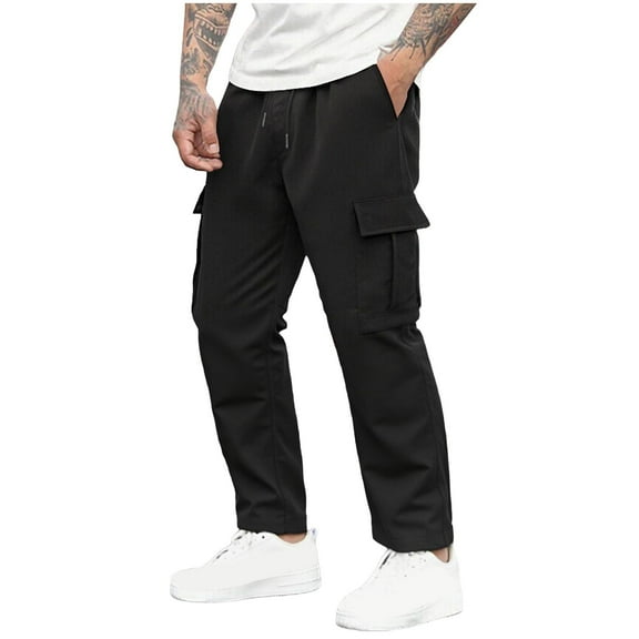 GuangCheng George Mens Cargo Pants,Elastic Waist,Straight Leg,Pull On,Baggy,Casual,Work Outdoor Trousers,Black,Size L