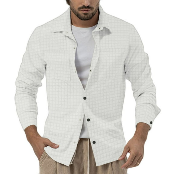 GuangCheng George Mens Checkered Button Up Shirts,Casual,Long Sleeve,Slim Fit Thick Warm Coats Jackets,White,L