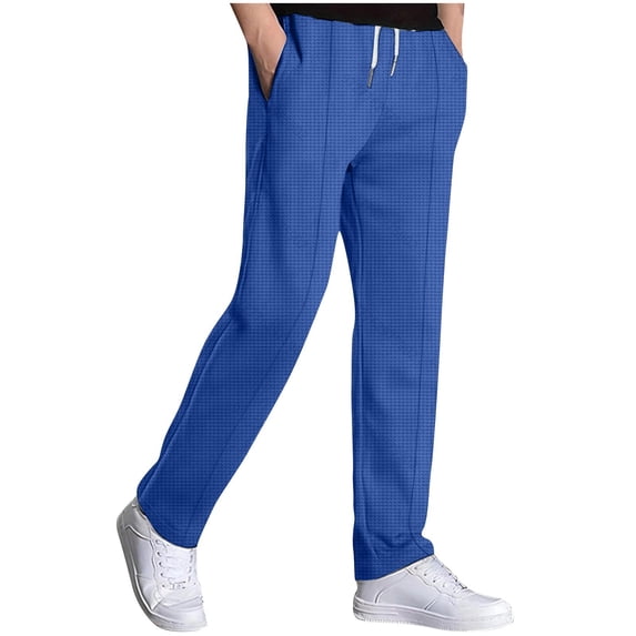 GuangCheng Mens Checkered Elastic Waist Pants,Drawstring,Casual,Lounge,Streetwear Trousers,Slim Fit Pants,Blue,Size 2XL