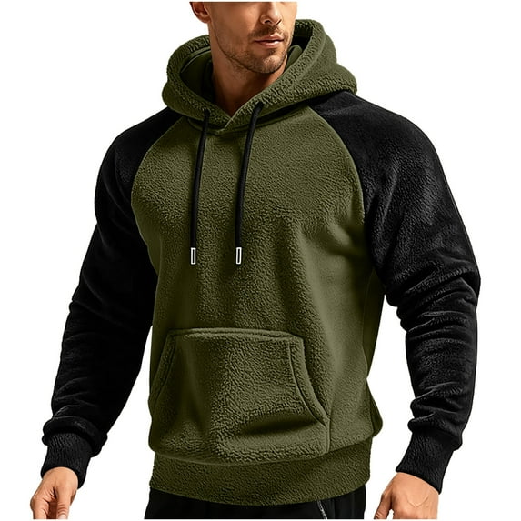 GuangCheng Mens Color Block Fleece Hoodies,Pullover,Drawstring Hood,Sweatshirt with Kangaroo Pocket,Army Green,L