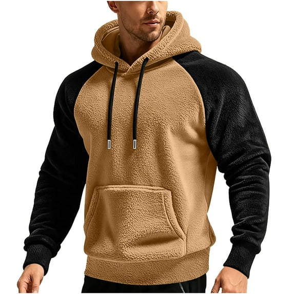 GuangCheng Mens Color Block Fleece Hoodies,Pullover,Drawstring Hood,Sweatshirt with Kangaroo Pocket,Khaki,2XL