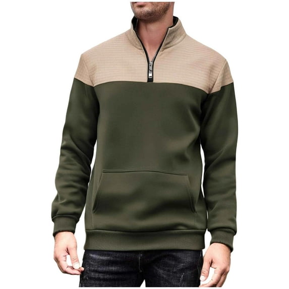 GuangCheng Mens Color Block Half Zip Pullover Sweatshirts,Casual Top,with Kanga Pocket,Comfort Warm Pullover Tops,Army Green,Size M