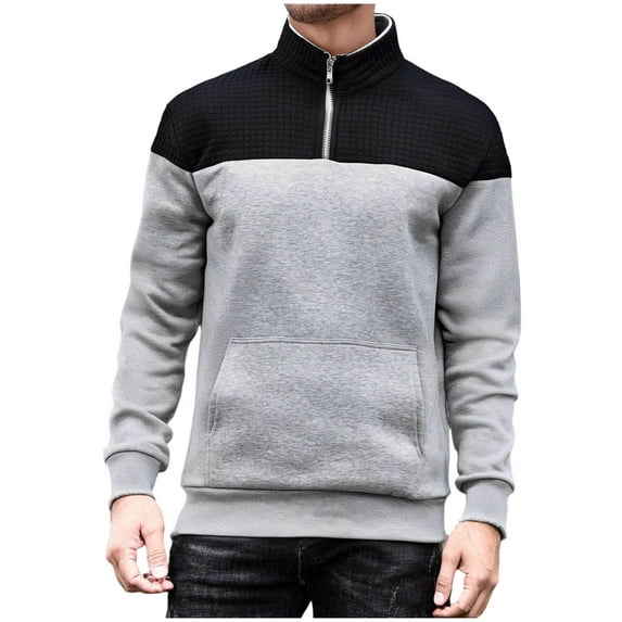 GuangCheng Mens Color Block Half Zip Pullover Sweatshirts,Casual Top,with Kanga Pocket,Comfort Warm Pullover Tops,Gray,Size XL