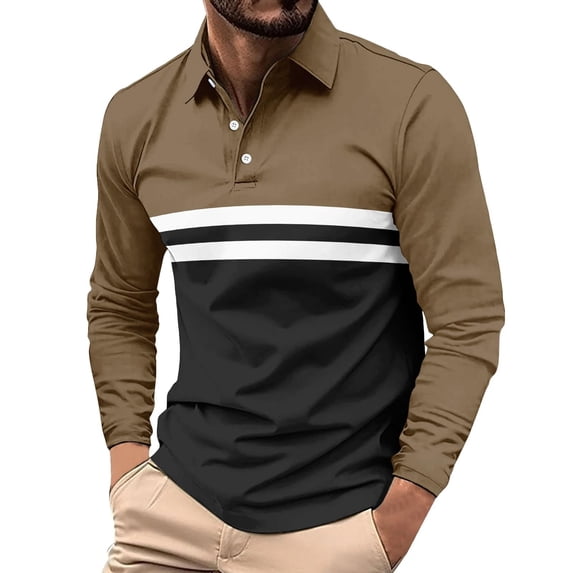 GuangCheng Mens Color Block Long Sleeve Shirts,Slim Fit,Pullover,Breathable,Striped,Classic Collar,Button Placket,Casual Tops,Coffee,Size 4XL