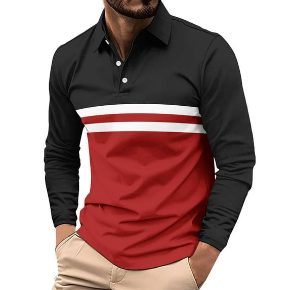 GuangCheng Mens Color Block Long Sleeve Shirts,Slim Fit,Pullover,Breathable,Striped,Classic Collar,Button Placket,Casual Tops,Red,Size S