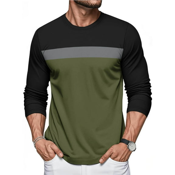 GuangCheng George Mens Color Block,Long Sleeve T-Shirt,Slim Fit,Soft,Pullover,Breathable,Comfortable,Stretch,Casual Tees,Army Green,Size XL