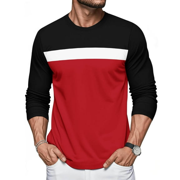 GuangCheng George Mens Color Block,Long Sleeve T-Shirt,Slim Fit,Soft,Pullover,Breathable,Comfortable,Stretch,Casual Tees,Red,Size 2XL