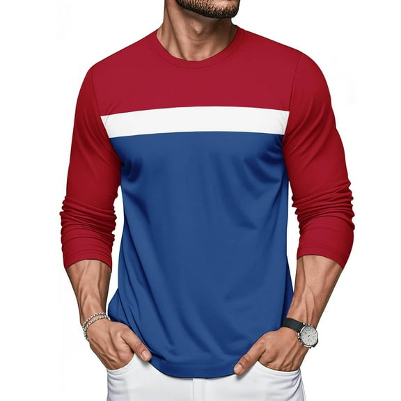 GuangCheng George Mens Color Block,Long Sleeve T-Shirt,Slim Fit,Soft,Pullover,Breathable,Comfortable,Stretch,Casual Tees,Wine,Size 2XL
