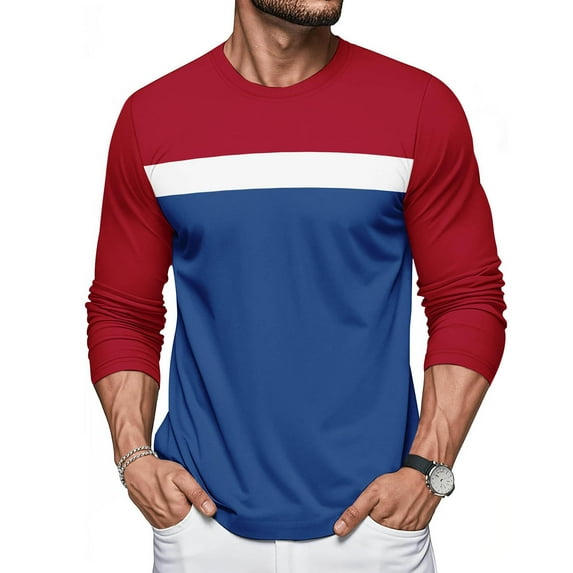 GuangCheng Mens Color Block,Long Sleeve T-Shirt,Slim Fit,Soft,Pullover,Breathable,Comfortable,Stretch,Casual Tees,Wine,Size S