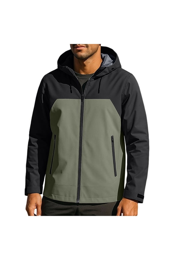 Mens Color Block Softshell Jackets,Hooded,Windbreaker,Water-Resistant,Casual Outerwear Coats,Army Green,3XL
